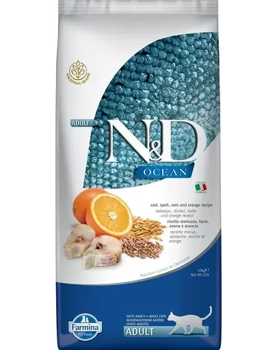 FARMINA N&D Ocean Cat Adult Cod, Spelt, Oats & Orange 10 kg Sac hrana uscata pisici, cu cod, spelta, ovaz si portocala