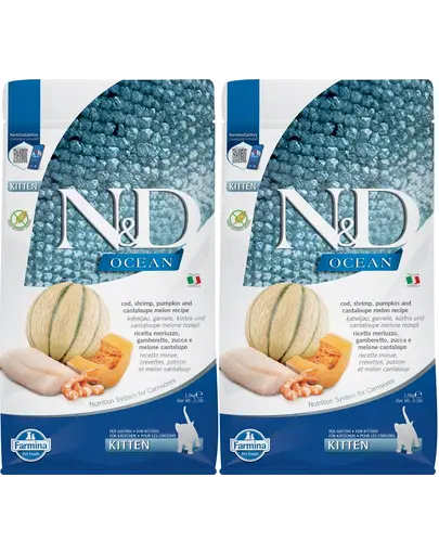 FARMINA N&D Ocean Cat Kitten cod, shrimp, pumpkin & cantaloupe melon 2 x 1,5 kg hrana uscata pisoi, pisici gestante/alapteaza, cod, creveti, dovleac si pepene galben