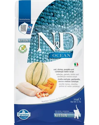 FARMINA N&D Ocean Cat Kitten Hrana pisoi, pisici gestante si care alapteaza, cu cod, creveți, dovleac si pepene galben - 300 g