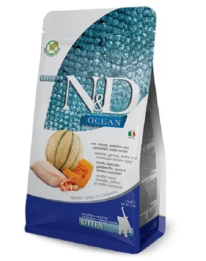 FARMINA N&D Ocean Cat Kitten hrana uscata pisoi, cod, creveti, dovleac si pepene galben 50 gr