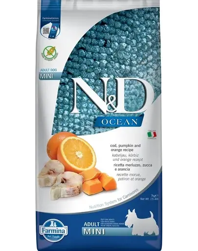 FARMINA N&D Ocean Dog Adult Mini cod, dovleac și portocală 7 kg