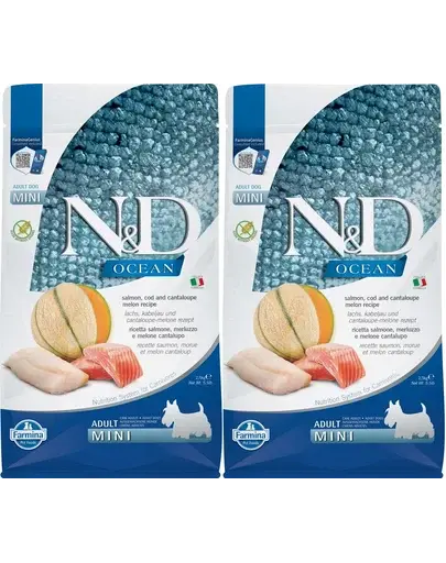 FARMINA N&D Ocean Dog Adult Mini salmon, cod & canatloupe melon 2 x 2,5 kg hrana caini adulti talie mica, somon, cod si pepene galben