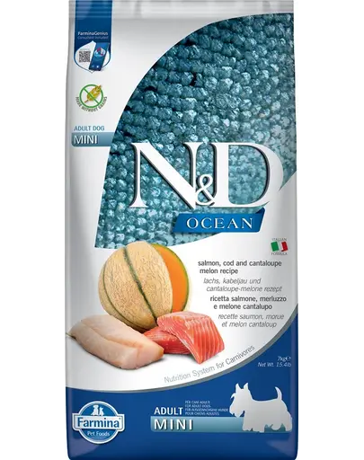 FARMINA N&D Ocean - Hrană pentru câini adulți de talie mică - somon, cod și pepene galben - 7 kg