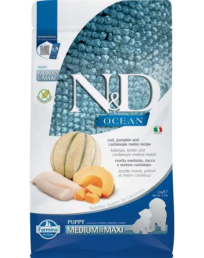 FARMINA N&D Ocean Hrana uscata catei talie medie sau mare, cu cod, dovleac si pepene galben - 2,5 kg