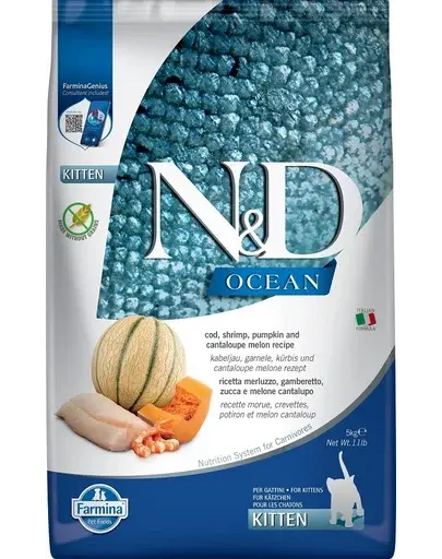 FARMINA N&D Ocean Hrana uscata pisoi, pisici gestante si care alapteaza, cu cod, creveți, dovleac si pepene galben - 5 kg