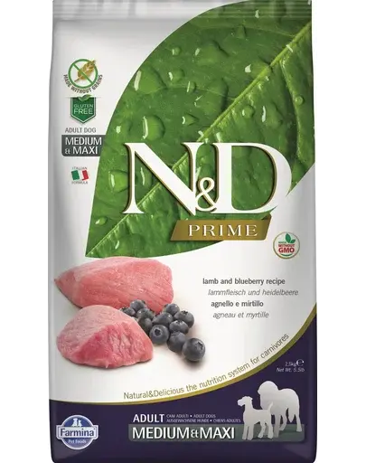 FARMINA N&D Prime Adult Medium/Maxi Hrana caine talie medie si mare, cu miel si afine 2,5 kg