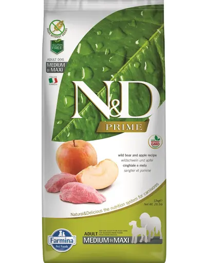 FARMINA N&D Prime Dog Adult Medium&Maxi Wild boar&apple hrana uscata caini adulti talie medie/mare, cu mistret si mar 12 kg