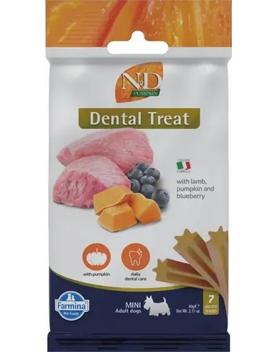 FARMINA N&D Pumpkin Dental Treat Lamb Blueberry Mini 60 g recompensa dentara caini de talie mica, cu miel