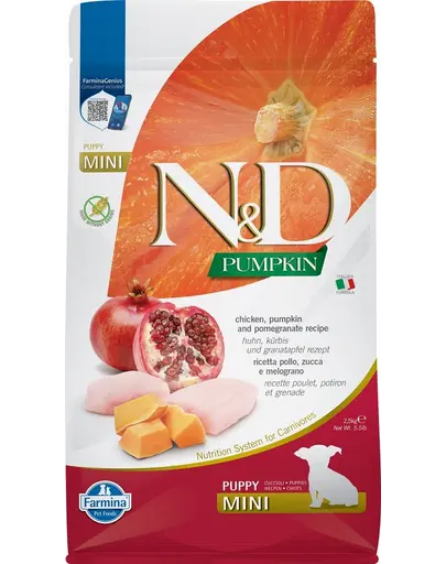 FARMINA N&D Pumpkin Dog Puppy Mini cu puiHrana catei talie mica, cu dovleac si rodie - 2,5 kg