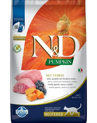 FARMINA N&D Pumpkin - Hrană pentru pisici adulte, după castrare - miel și afine - 5 kg
