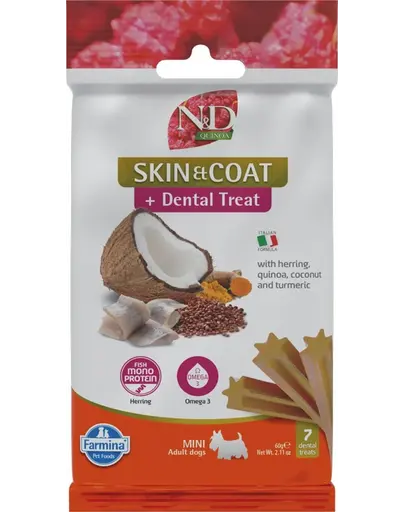 FARMINA N&D Quinoa Dental Treat Skin Coat Herring Mini 60 g gustare dentara cu hering, pentru caini talie mica