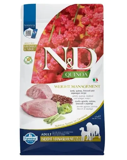 FARMINA N&D Quinoa Dog Adult medium maxi Weight management lamb, broccoli 2,5 kg hrana caini talie medie si mare pentru controlul greutatii, cu miel si brocoli