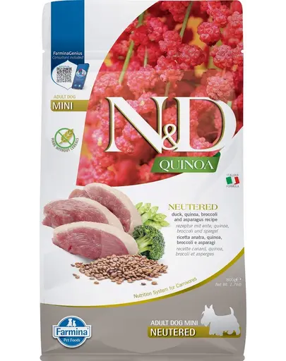 FARMINA N&D Quinoa Dog Duck, Broccoli & Asparagus Neutered Adult Mini 800 g Hrana uscata caini de talie mica, sterilizati