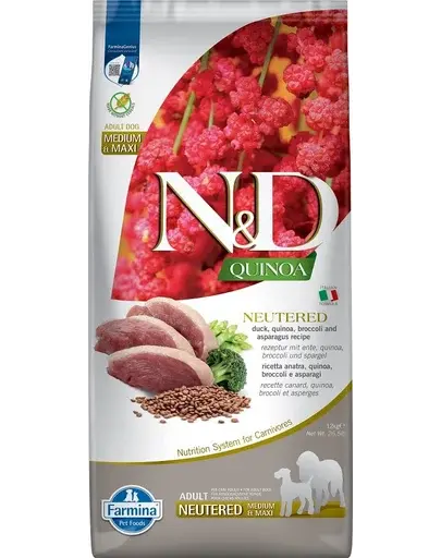 FARMINA N&D Quinoa Dog Neutered Adult Medium/Maxi hrana uscata caini adulti dupa castrare/sterilizare, cu rata, broccoli si sparanghel 12 kg