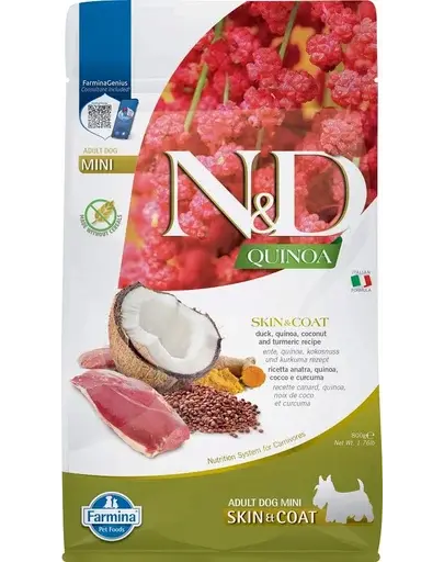 FARMINA N&D Quinoa Mini Skin&Coat hrana caini talie mica 800g rata si nuca de cocos