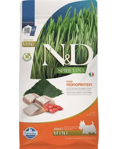 FARMINA N&D Spirulina Adult Mini Herring & Wolfberry 2 kg Hrana caine talie mica, cu hering si spirulina