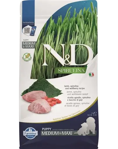 FARMINA N&D Spirulina Puppy Medium&Maxi Lamb & Wolfberry 2 kg Hrana catei de talie medie si mare, cu miel si spirulina