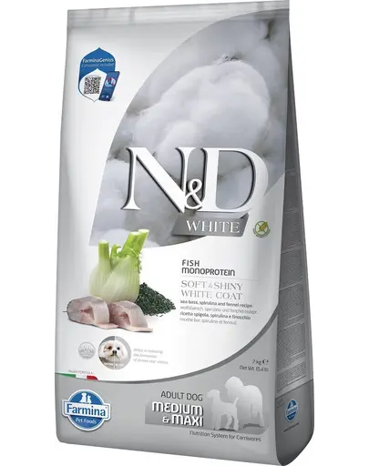 FARMINA N&D White Dog Adult Medium Maxi Sea Bass, Spirulina, Fennel 7 kg Hrana caine talie medie si mare, cu blana alba