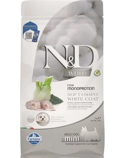 FARMINA N&D White Dog Adult Mini Sea Bass, Spirulina & Fennel 2 kg Hrana caini talie mica, blana alba, cu biban de mare, spirulina si fenicul