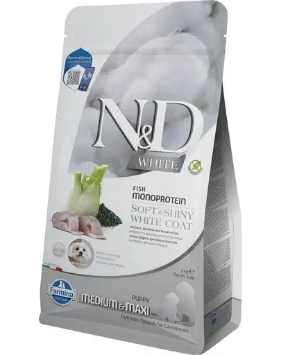 FARMINA N&D White Dog Puppy Medium Maxi Sea Bass, Spirulina, Fennel 2 kg Mancare catei talie medie, cu blana alba