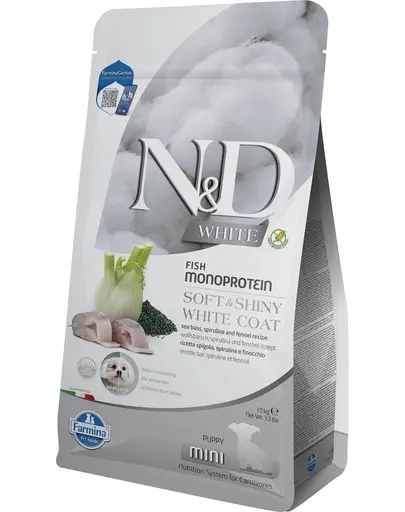 FARMINA N&D White Dog Puppy Mini 1,5 kg biban de mare, spirulină și fenicul, hrană căței și femele gestante sau lactante