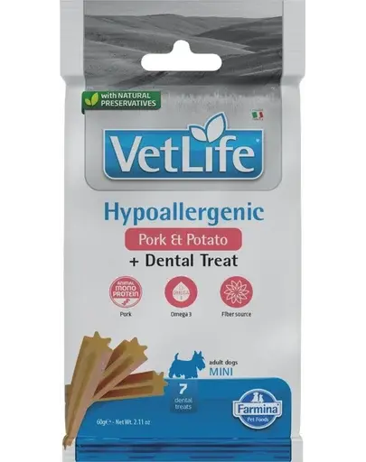 FARMINA Vet Life Dental Treat Hypoallergenic Pork Mini 60 g recompensa dentara pentru caini de rase mici, cu porc
