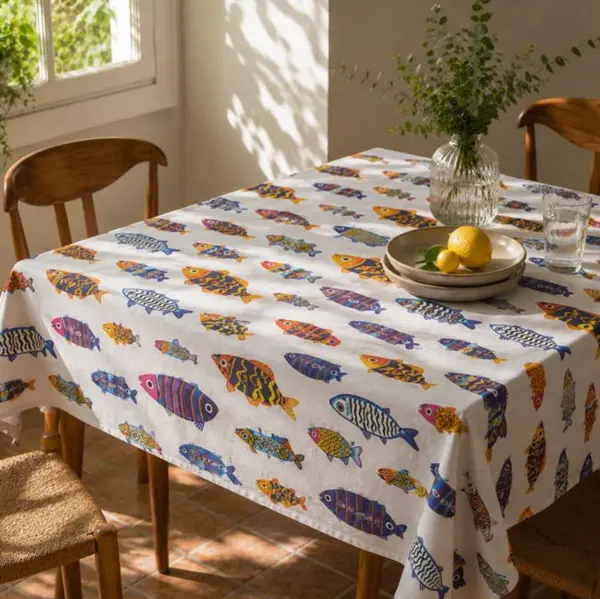 Fata de masa cu model pesti,multicolor, 180x140 cm