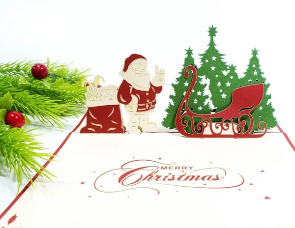 Felicitare Carte de felicitare Kiriori Pop-up - Moș Crăciun cu sanie