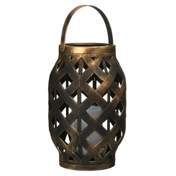 Felinar decorativ ratan stil vintage,lumanare led,bronz,15x23 cm