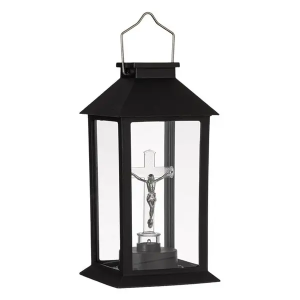 Felinar solar decorativ cu maner si cruce led,negru,14x14x28 cm