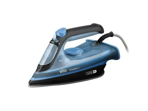Fier de calcat Braun FreeStyle 3 FI3194BK, 2400W, Jet de abur 200g/min, abur variabil 0-45 g/min, talpa SuperCeramic, rezervor 270 ml, tehnologie FreeGlide, oprire automata, sistem antipicurare (Negru/Albastru)