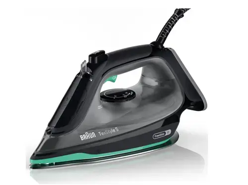 Fier de calcat Braun TexStyle 5 SI5277GR, 2700W, jet de abur 220g/min, abur variabil 0-50 g/min, talpa SuperCeramic, rezervor 300 ml, tehnologie FreeGlide, oprire automata, sistem antipicurare (Negru/Verde)