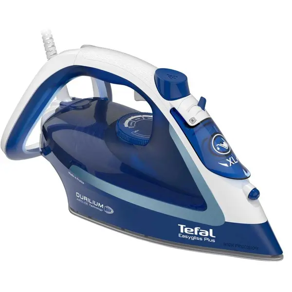 Fier de calcat cu abur Tefal EasyGliss Plus FV5735E0, 2500 W, rezervor 0.27 L, jet de abur 220 g/min, abur variabil 0-45 g/min, talpa Durilium Airglide, oprire automata, sistem antipicurare, functie abur vertical, albastru
