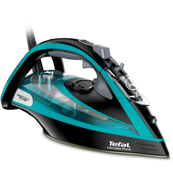 Fier de calcat cu abur Tefal FV9844E0 Ultimate Pure, 3200 W, rezervor 0.35 L, jet de abur 250gr/min, abur variabil 0-60 g/min, talpa Durilium AirGlide Autoclean, oprire automata, Micro-Calc Filter 2 in 1, negru & bleu