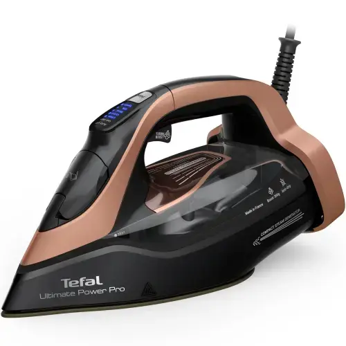 Fier de calcat cu abur Tefal Ultimate Power Pro FV9E50E0, 3200W, jet de abur 300 g/min, abur variabil 0-85 g/min, rezervor apa 350 ml, talpa Durilium AirGlide AutoClean, oprire automata, filtru anticalcar, sistem antipicurare (Negru/Roz)