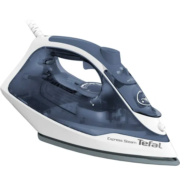 Fier de calcat Tefal Express Steam FV2837E0, 2400 W, jet de abur 165 g/min, abur variabil 0-35 g/min, 270 ml, talpa Cerilium, alb & albastru deschis