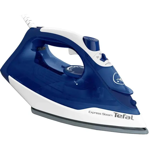 Fier de calcat Tefal Express Steam FV2838E0, 2400W, jet de abur 180 g/min, abur variabil 0-40 g/min, 270 ml, talpa ceramica, functie anti-calcar, functie anti-picurare, alb & albastru