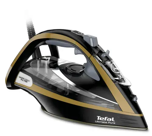 Fier de calcat Tefal FV 9847 Ultimate Pure, 3200 W, Rezervor 0.35 l, Debit de abur 60 gmin, Jet de abur 260 g/min, Talpa Durilium AirGlide, Anti-Calcar (Negru/Auriu)