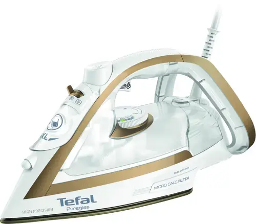 Fier de calcat Tefal Puregliss FV8042E0, 2900 W, Debit de abur 50 g/min, Jet de abur 270 g/min, Rezervor 0.27 l (Alb/Auriu)