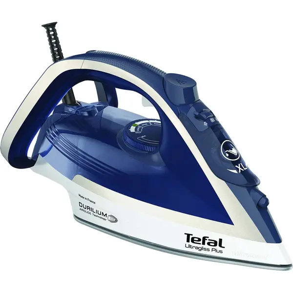 Fier de calcat Tefal Ultragliss Plus FV6812E0, 2800W, jet de abur 260 g/min, abur variabil 0-50 g/min, oprire automata, functie calcare verticala, talpa Durilium AriGlide, alb & albastru