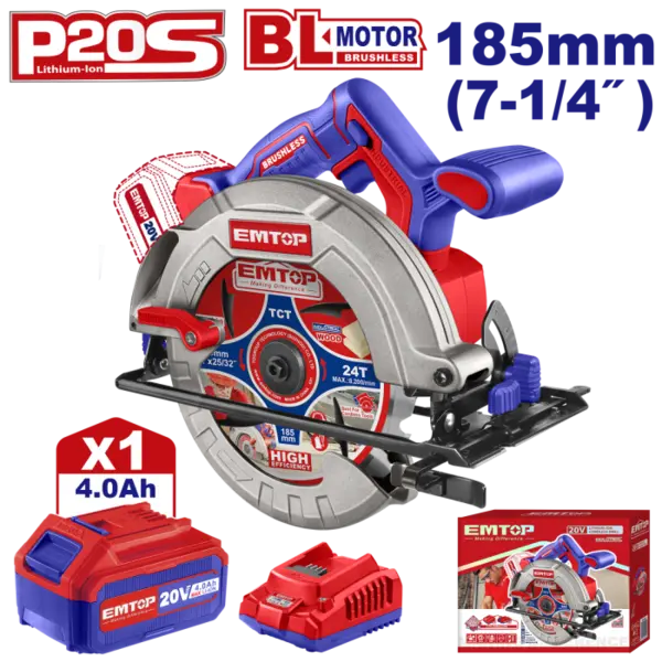 Fierastrau circular cu 1 acumulator 4.0AH, motor fara perii (brushless), 185mm - ELCS18511, EMTOP