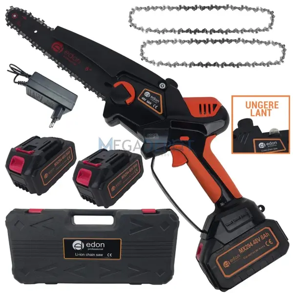 Fierastrau de mana pe acumulatori Edon Profesional 48V, 8Ah, Lama 25cm, Afisaj LCD, Ungere lant, 2 acumulatori, 2 lanturi, Incarcator, Geanta de transport