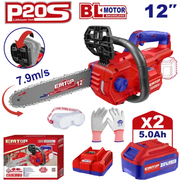 Fierastrau Drujba cu lant cu 2 acumulatori 5.0Ah, motor fara perii (brushless), 30cm - ELGA201286, EMTOP