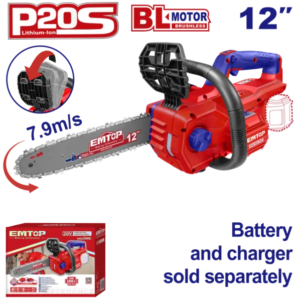 Fierastrau Drujba cu lant fara acumulator si incarcator, motor fara perii (brushless), 30cm - ELGA20128, EMTOP