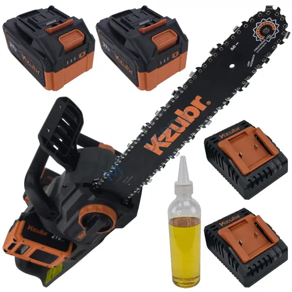 Fierastrau electric cu lant pe 2 acumulatori KZUBR 42V Brushless, lama 40 cm, capacitate marita, 2 incarcatoare, ungere lant automata, frana de protectie, sistem intindere lant SuperEasy