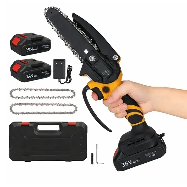 Fierastrau mini cu lant, 36V, DEPOX , 2 acumulatori, 2 lanturi, LED, negru galben
