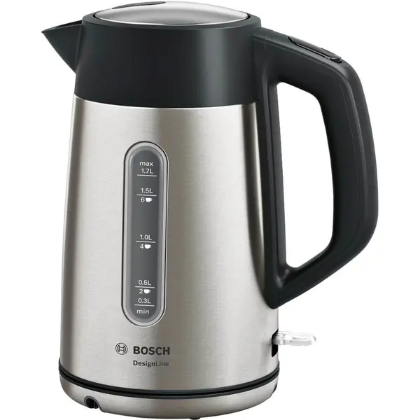 Fierbator Bosch Designline TWK4P440, 2400 W, 1,7 L, Filtru anticalcar, Buton on/off, Argintiu