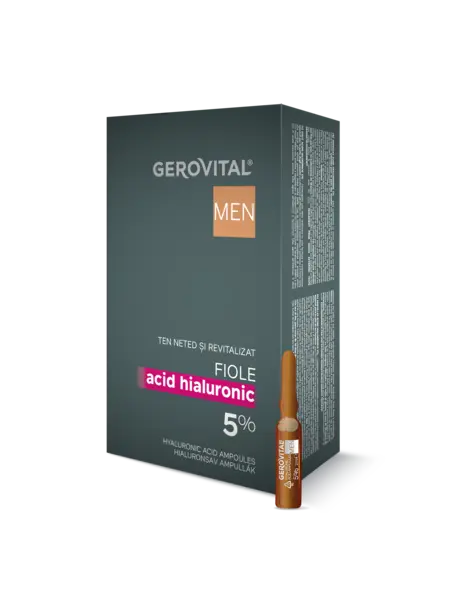 Fiole Cu Acid Hialuronic 5% Pentru Bărbați Tratament Intensiv De Hidratare Pentru Un Ten Neted și Revitalizat, Gerovital Men, 10 Fiole X 2 Ml