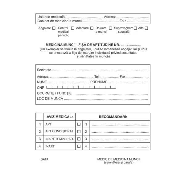 Fisa aptitudini medicina muncii, A5 Fisa aptitudini medicina muncii, A5