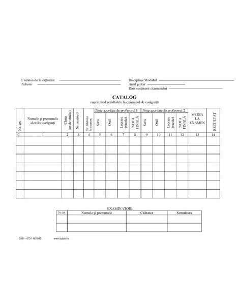 Fișă catalog cuprinzând rezultatele la examenul de corigență set 50 bucăți Fișă catalog cuprinzând rezultatele la examenul de corigență set 50 bucăți